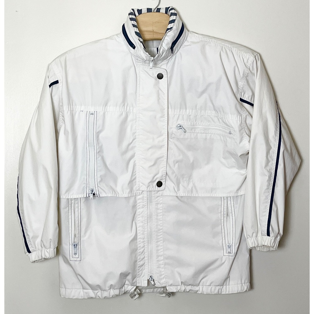 Vintage London Fog Windbreaker Jacket Mens Medium White Navy Stowaway Hood 90s